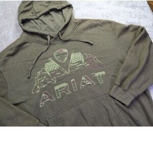 Ariat Men's Hoodie Hooded Sweatshirt XXL Olive Green Camo American Flag Logo